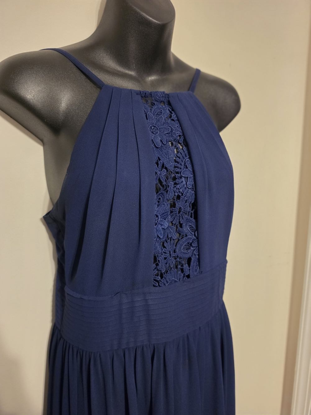 Navy Lace-Trim High Neck Evening Dress